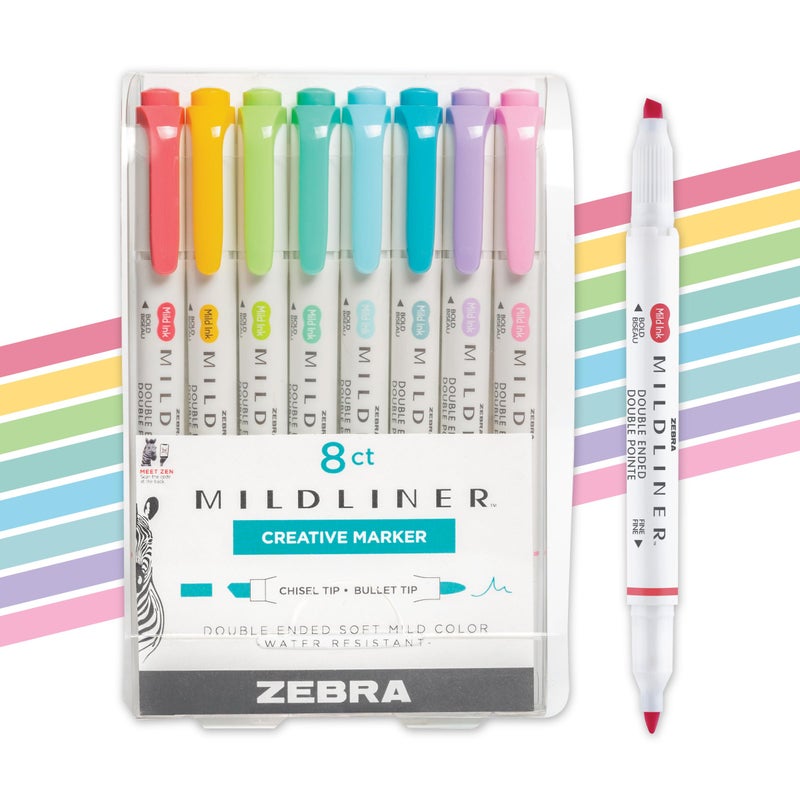 Zebra Pen Mildliner Dual-Tip Highlighter Marker Set, Broad and Fine Tips, No Bleed, Ideal for Bible Highlighting, Journaling, School and Office Supplies, Assorted Soft Hue Ink Colors, 8-Pack (78108) - Image 1